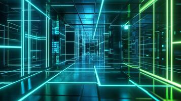 Abstract tunnel with neon green and blue glowing lines, creating a futuristic, technological atmosphere with geometric patterns photo