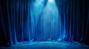 Dramatic blue stage curtains illuminated by a spotlight, creating an atmosphere of anticipation for a performance or event. photo