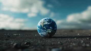 Realistic Earth globe resting on a barren landscape. Earth's fragility is highlighted by the cracked ground and cloudy sky backdrop. photo