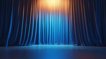 Dramatic blue curtains cascade over an empty stage, lit by a spotlight, creating a sense of anticipation and theatrical mystery. photo
