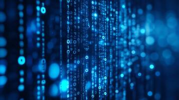 Cascading digital data stream in blue. Binary code, cybersecurity visualization. Technological background in abstract style with bokeh. photo