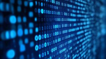 Abstract digital display featuring rows of glowing blue binary code. Illustrative of information technology and complex computer systems. photo
