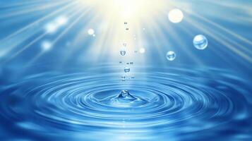 Water droplet creates ripples in a tranquil pool, illuminated by sunbeams, symbolizing purity, serenity, and the beauty of nature. photo