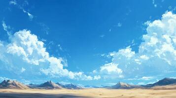 Vast landscape under a brilliant blue sky filled with puffy white clouds, evoking a sense of openness and wonder in a surreal, painted style. photo