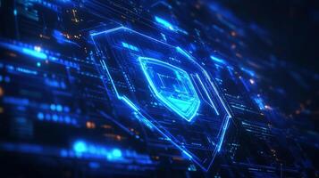 Futuristic glowing shield on a circuit board background, conveying digital security, data protection, and technological advancement. photo