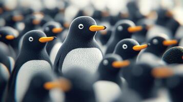 A charming group of toy penguins gathered together, creating a playful and engaging scene of unity and togetherness among the avian figures. photo