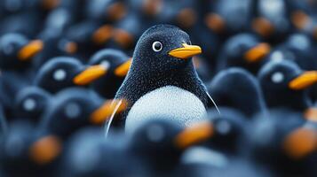 A distinguished penguin stands out in a crowd of blurred penguins, its bright yellow beak and inquisitive gaze captivating focus. photo