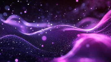 Abstract purple-pink particle waves flow and float, creating a mesmerizing and ethereal effect. Background is dark. photo