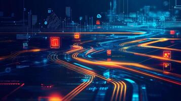 Futuristic digital data streams converging, representing a connected network and abstract data flow in a virtual city landscape. photo