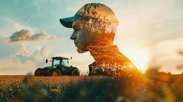 Double exposure shot of a farmer with a tractor in a field, merging agriculture and nature into one, creating a unique and symbolic portrait. photo