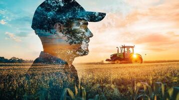 Farmer portrait in field with double exposure of trees. Tractor in field with sunset. Concept of agriculture and nature harmony. photo