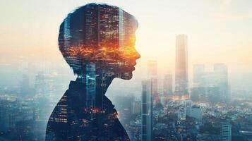 Double exposure artfully merges a woman's silhouette with a vibrant city skyline, symbolizing ambition and urban aspirations. photo