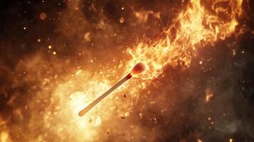 Ignited matchstick surrounded by flames and sparks, illustrating fire's intensity and the rapid spread of combustion in an abstract setting. photo