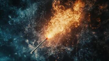 Burning matchstick ignites against a smoky backdrop, a symbol of fleeting moments and the power of a single spark. Fiery and ethereal. photo