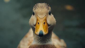Direct gaze from a wet duck with droplets on its head, featuring a prominent yellow beak and a blurry water backdrop. photo