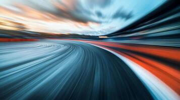 Motion blur captures speed on a racetrack, conveying velocity and the thrill of high-speed racing under a dynamic sky. photo