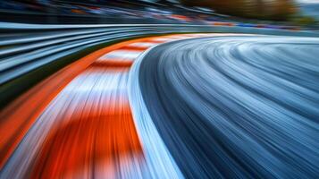 Motion blur captures the vibrant curve of a racetrack, with blurred stands hinting at a dynamic, fast-paced event. Visualizing speed. photo