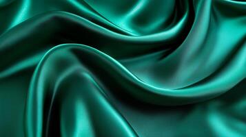 Smooth, flowing emerald fabric with delicate folds and a shimmering finish, reflecting light and creating elegant, soft curves. photo
