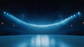 A low angle view of a sports arena with a polished floor and stadium seating, highlighted by bright, evenly spaced lighting. photo