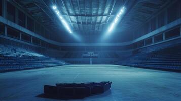 An empty basketball court, illuminated by bright overhead lights. The stands are empty, giving the arena a lonely, quiet atmosphere. photo