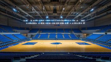 Spacious indoor basketball arena with blue seating. Overhead lighting illuminating the court, creating a dynamic space for competition. photo
