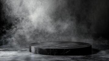 Elevate your product with this dark marble podium against a smoky background. Perfect for showcasing luxury items or creating a dramatic scene. photo