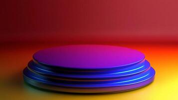 A futuristic gradient platform with red to yellow background, illuminated in shades of purple and blue, ideal for product showcasing. photo