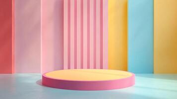 Vibrant presentation platform. A pink-trimmed, gold platform on a light blue surface, set against a colorful panel backdrop. Studio lighting. photo