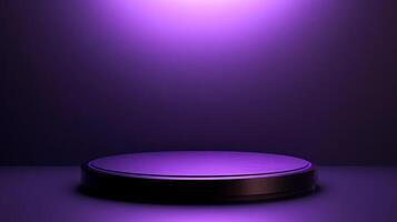 Sleek platform bathed in vibrant purple illumination, perfect for showcasing products in a minimalist and modern setting. Clean aesthetic. photo