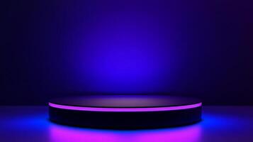 Sleek black pedestal illuminated with neon purple lights against a vivid blue backdrop, creating a striking modern display. photo