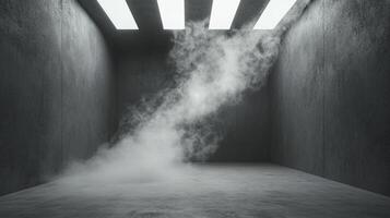 Eerie interior space filled with a thick fog, illuminated by ceiling lights, creating a mysterious and atmospheric environment. photo