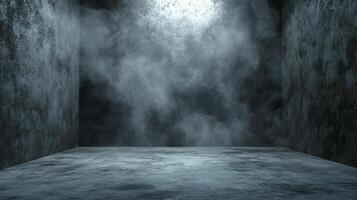 Abstract room with dramatic lighting and textured concrete walls filled with mysterious fog, creating a sense of depth and intrigue. photo