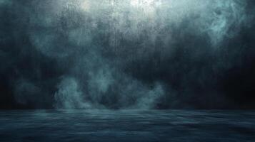 Eerie scene of blue mist in a dark, damp room. Moody and atmospheric with a textured wall and floor, creating a sense of mystery and foreboding. photo