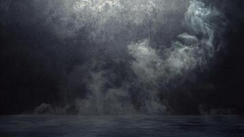 Eerie scene with fog and texture. A dark space, filled with mist, creating a mysterious and dramatic atmosphere with a concrete surface. photo