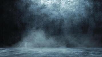 Eerie misty atmosphere with a textured wall and floor creates a mysterious and captivating ambiance, ideal for dramatic staging. photo