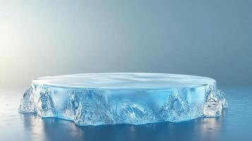 A translucent, icy circular platform with textured edges rests on a reflective surface against a light blue background. Cold and minimalistic. photo