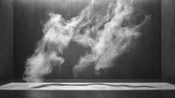 Ethereal smoke fills a minimalist, stark space, casting intriguing shadows and creating an otherworldly atmosphere. Subtle contrasts in texture. photo