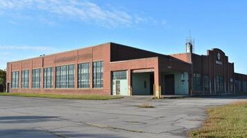 Brick building with large windows under a blue sky. The building appears to be an old warehouse or industrial space with an open parking lot. photo