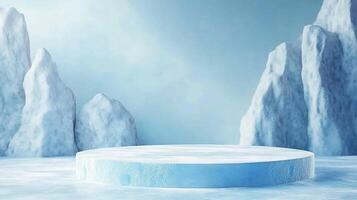 Icy platform with frozen formations, ideal for showcasing products in a winter or arctic setting, creating a clean and cold ambiance. photo