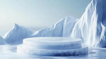 Icy platform against snowy peaks. Ideal for showcasing products with a crisp, clean, and cold aesthetic against a serene landscape. photo