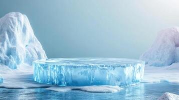 Icy platform in a serene, glacial setting. Cool blue tones and natural textures create a visually stunning backdrop. Perfect for presentations. photo