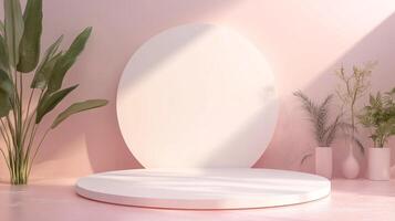 Minimalist presentation stage featuring neutral colors, soft lighting, and lush green plants against a pink backdrop. Display concept. photo