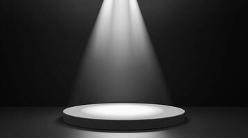 Elegant presentation stage with radiant spotlight in a dark studio, ideal for showcasing products with a minimalist, refined aesthetic. photo