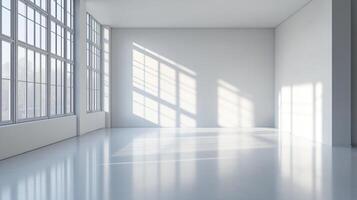 Bright, empty room with sunlight streaming through large windows. Minimalist design and clean aesthetic create a sense of spaciousness. photo