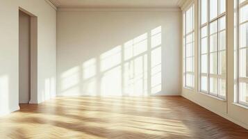 Sunlit empty room with herringbone wood floor and expansive windows. Neutral color palette. Light reflects across the wall and floor. photo