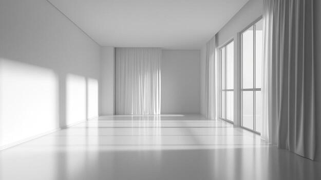 Sunlight streams into a minimalist, all-white room, casting shadows across the glossy floor. Clean design and spacious layout are key features. photo