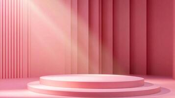 Pink podium background featuring soft light and repeating vertical patterns, ideal for product showcases with a minimalist aesthetic. photo