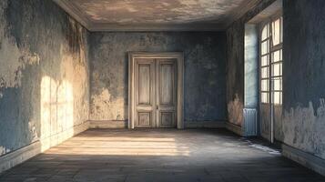 Dilapidated room with peeling paint, old door, and sunlight streaming through window creating a weathered atmosphere with decaying aesthetics. photo