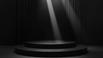Monochromatic minimalist product stage. Lit by spotlight against vertically-paneled wall, creating dynamic interplay of light and shadow. photo