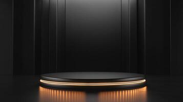 Sleek circular platform illuminated with golden light against a dark backdrop, ideal for product showcase, or minimalist design. photo